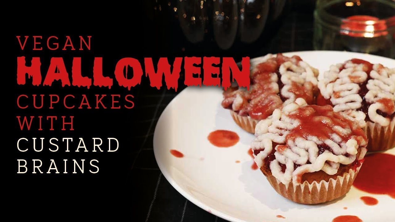 Vegan Halloween cupcakes with Zombie custard brains and vegan cherry blood